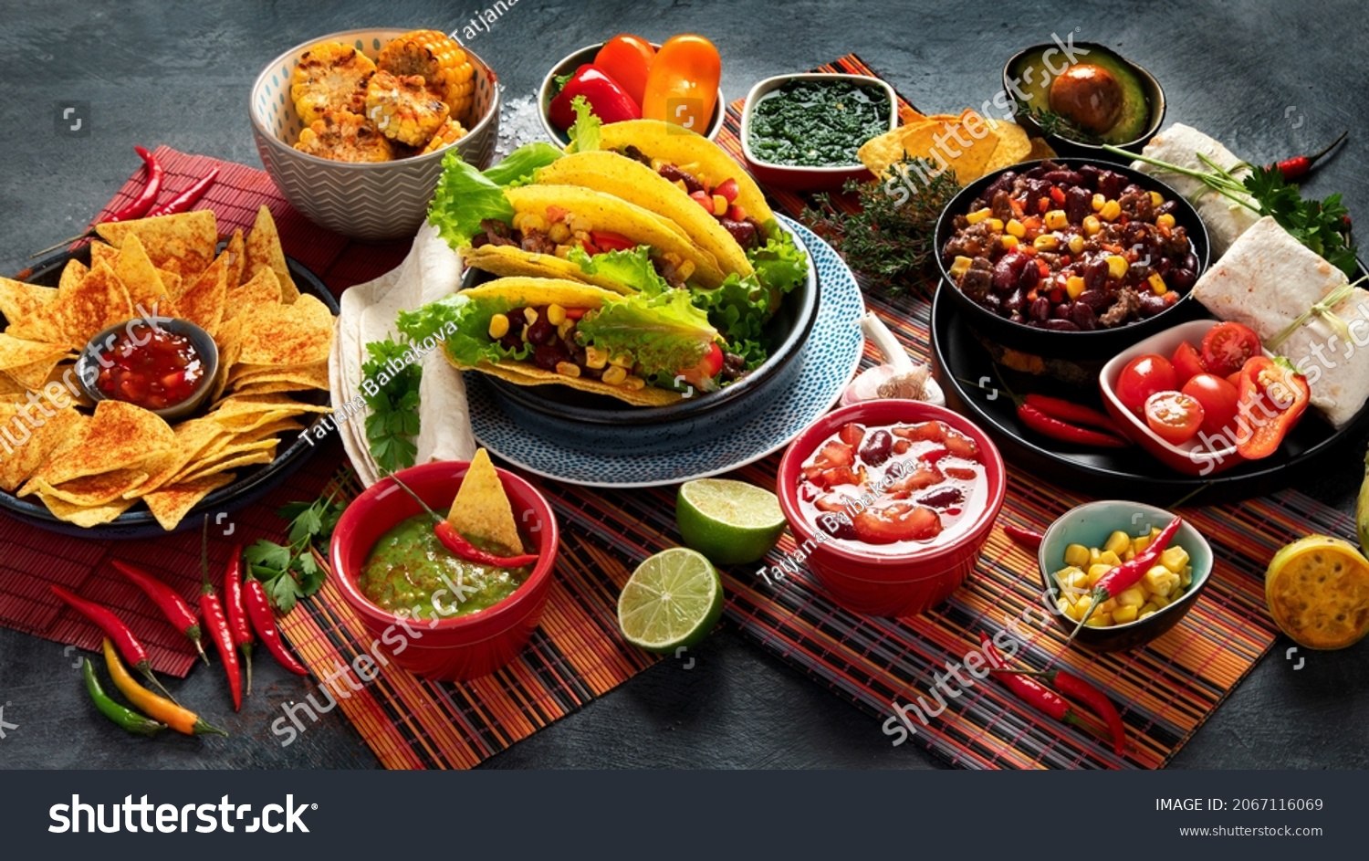Mexican food, many dishes of the mexican cuisine on dark background #2067116069