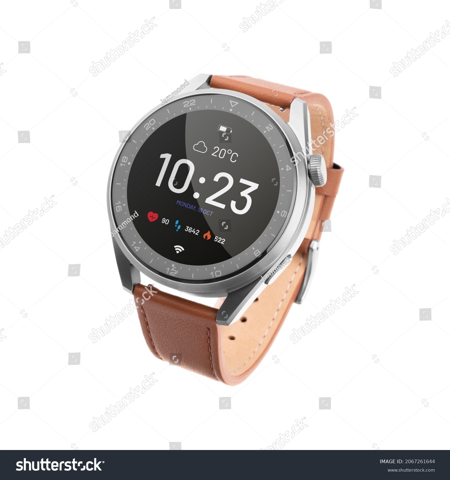 Smart watch with display on. Fashion watch with leather strap. #2067261644