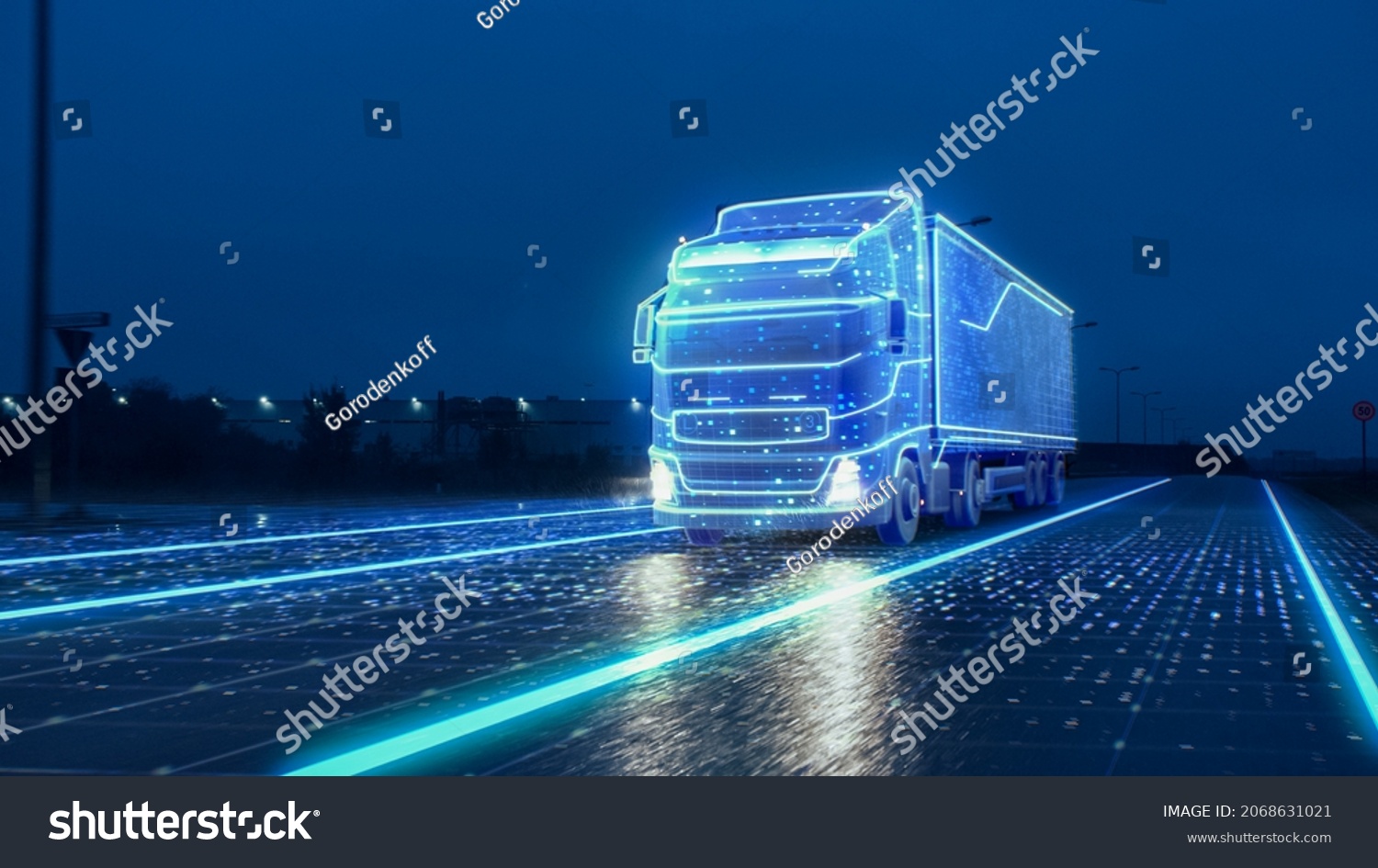 Futuristic Technology Concept: Autonomous Semi Truck with Cargo Trailer Drives at Night on the Road with Sensors Scanning Surrounding. Special Effects of Self Driving Truck Digitalizing Freeway #2068631021