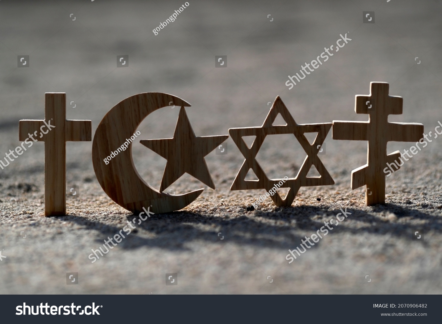 Christianity, Islam, Judaism 3 monotheistic religions. Jewish Star,  Christian and Orthodox crosses and Crescent and star : Interreligious or interfaith symbols. #2070906482