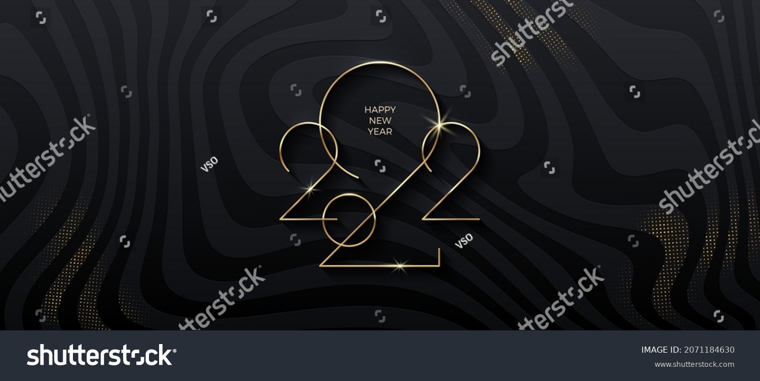 Golden 2022 New Year logo on black striped background with glitter gold. Holiday greeting card. Vector illustration. Holiday design for greeting card, invitation, calendar, etc. #2071184630