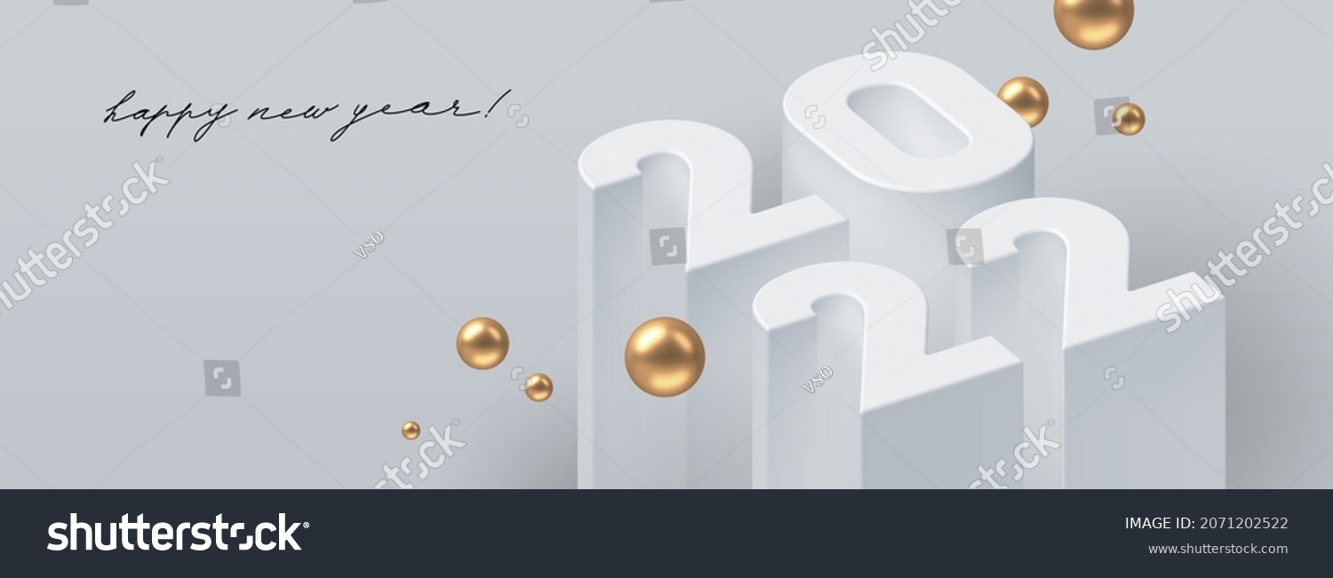 2022 new year greeting card with 3d realistic render number of the year with golden sphere. Vector illustration. #2071202522