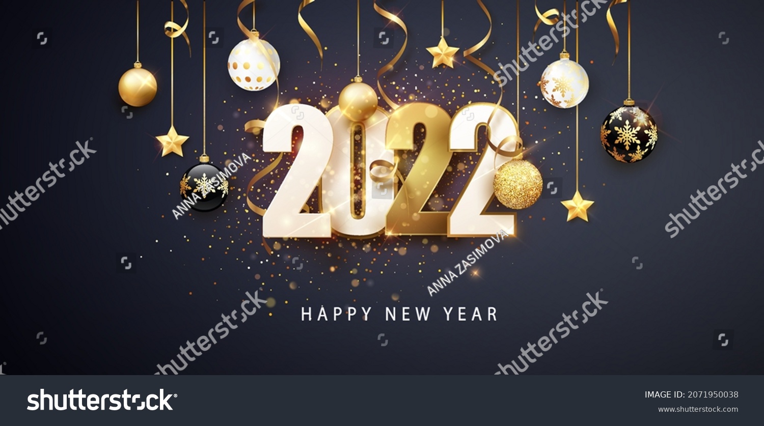 Happy new year 2022. Festive design with Christmas decorations, balls, streamer and garlands #2071950038