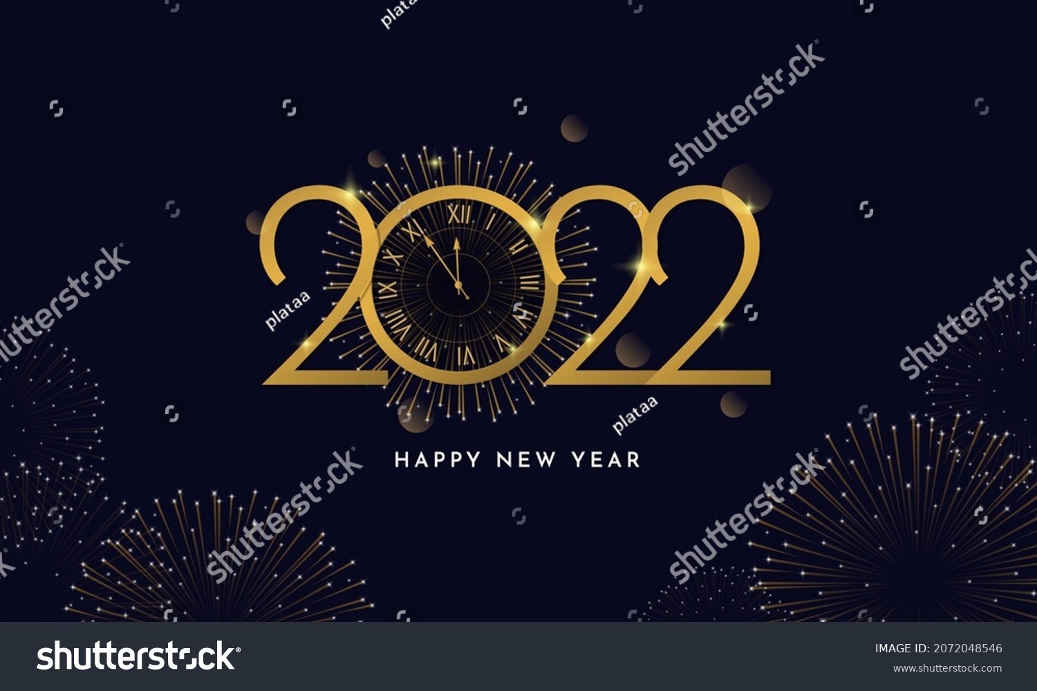 Happy New Year 2022 Poster. Golden Typography Line with Elegant Classic Watch and Fireworks Background Vector Illustration Design #2072048546