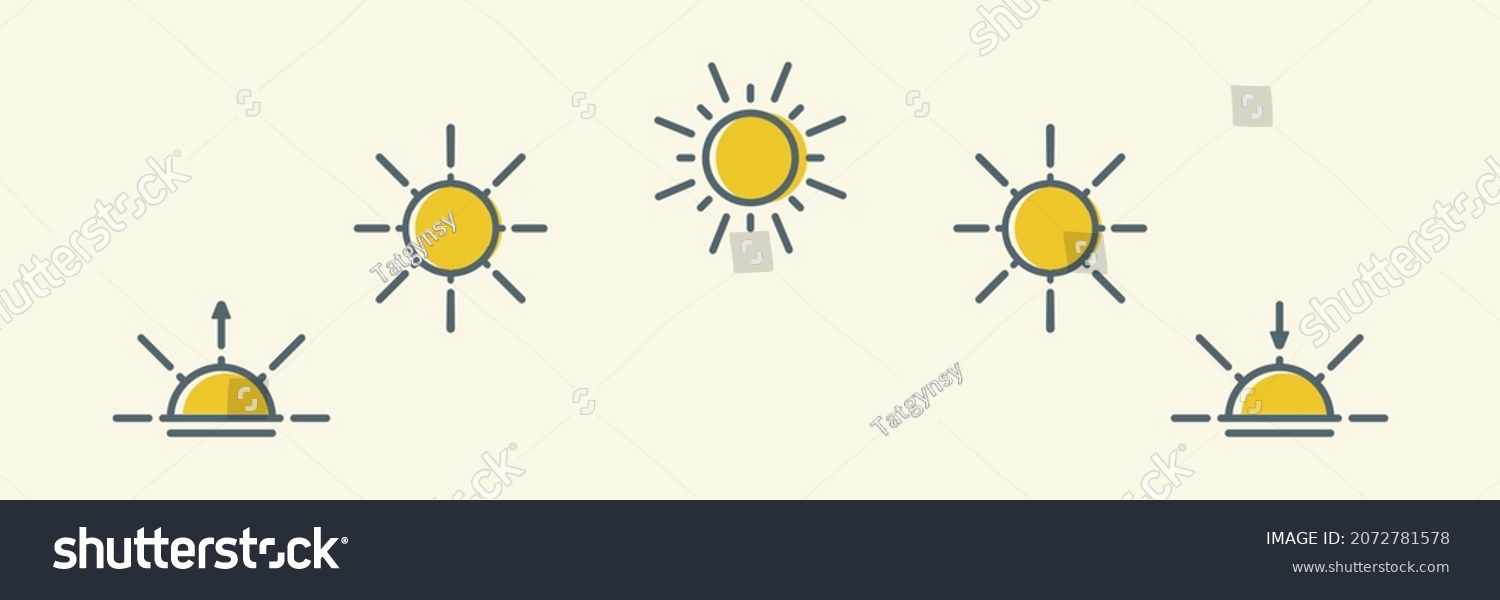 Daytime symbol. Day cycle line icon. Sun position Changing. Movement path sun. Clock with the time of day. Natural phenomenon. Sunshine Sunrise Sunset. Vector illustration #2072781578