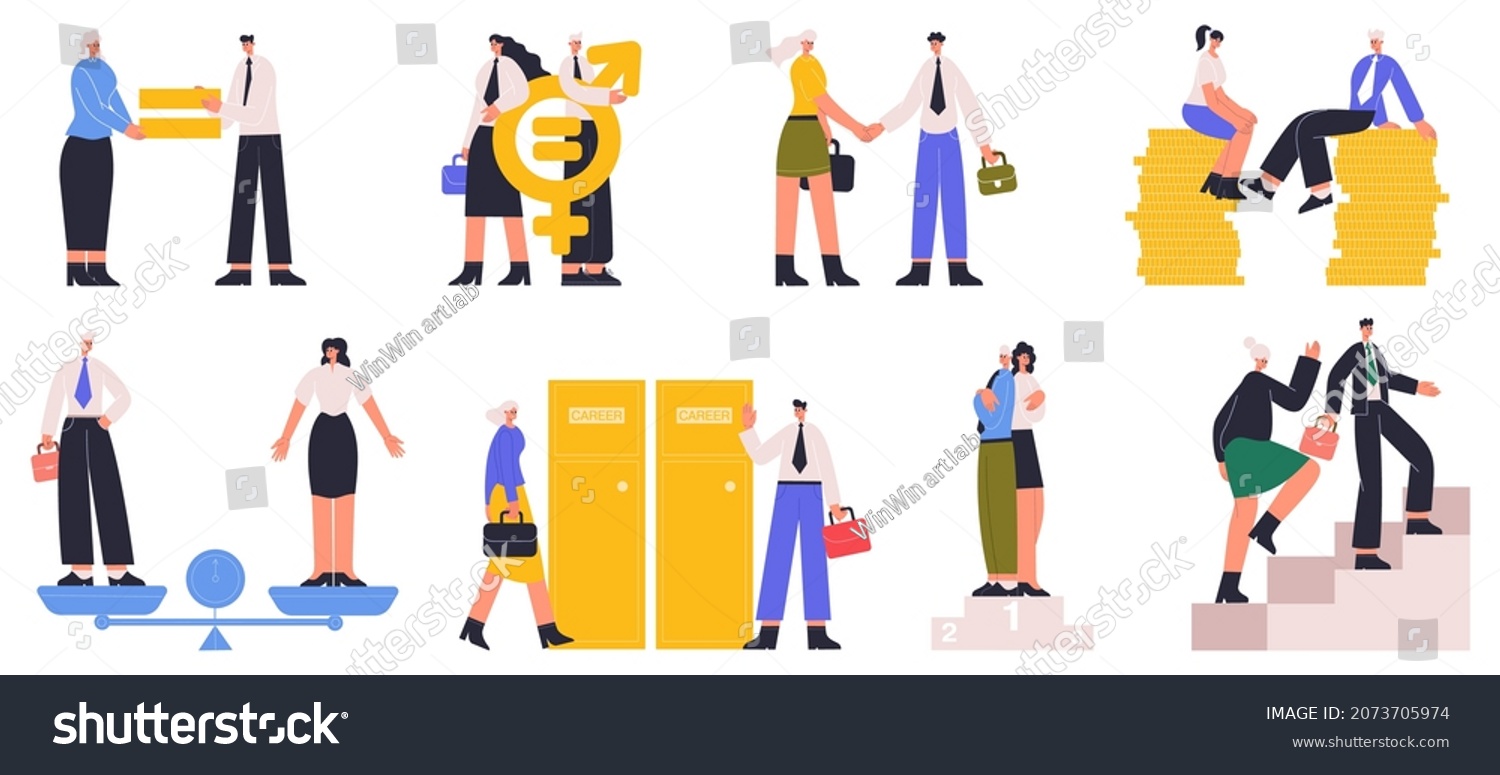 Business man and woman gender equality, equal career opportunities. Work gender equality, male female equal rights vector illustration set. Society gender equality. Business gender equality concept #2073705974