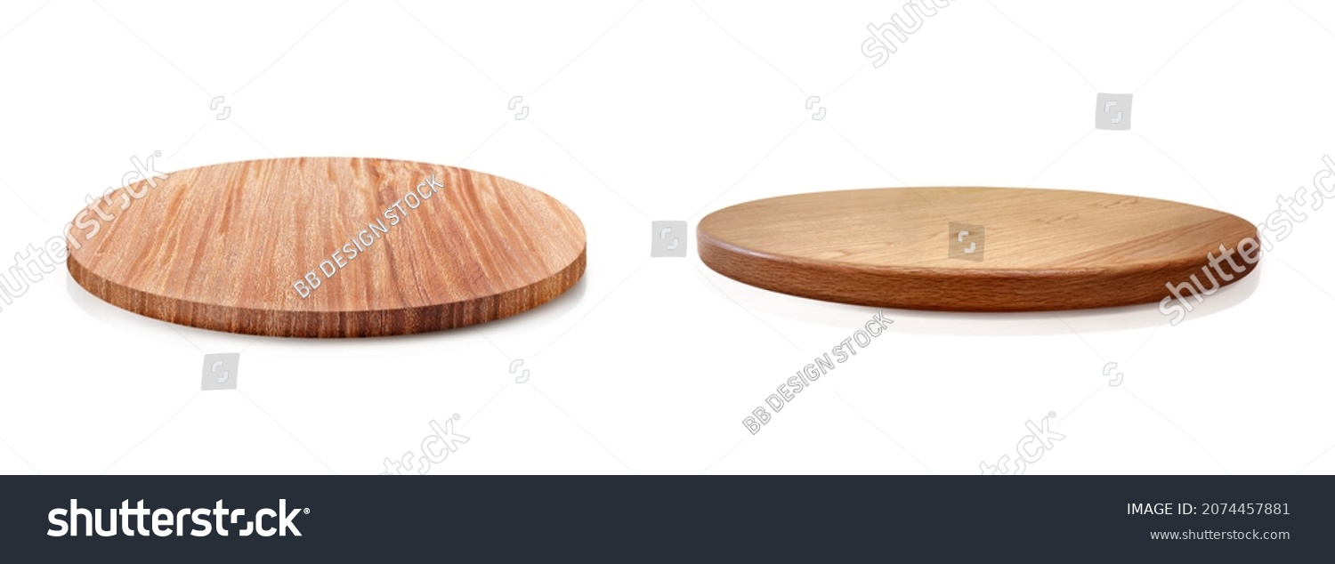 Empty wooden plate isolated on white background, of free space for your copy and branding. Use as products display montage. Vintage style concept. Clipping path. #2074457881