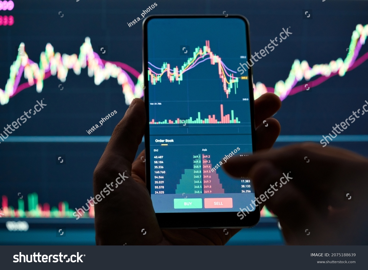 Crypto trader investor broker holding finger using cell phone app executing financial stock trade market trading order to buy or sell cryptocurrency shares thinking of investment risks profit concept. #2075188639
