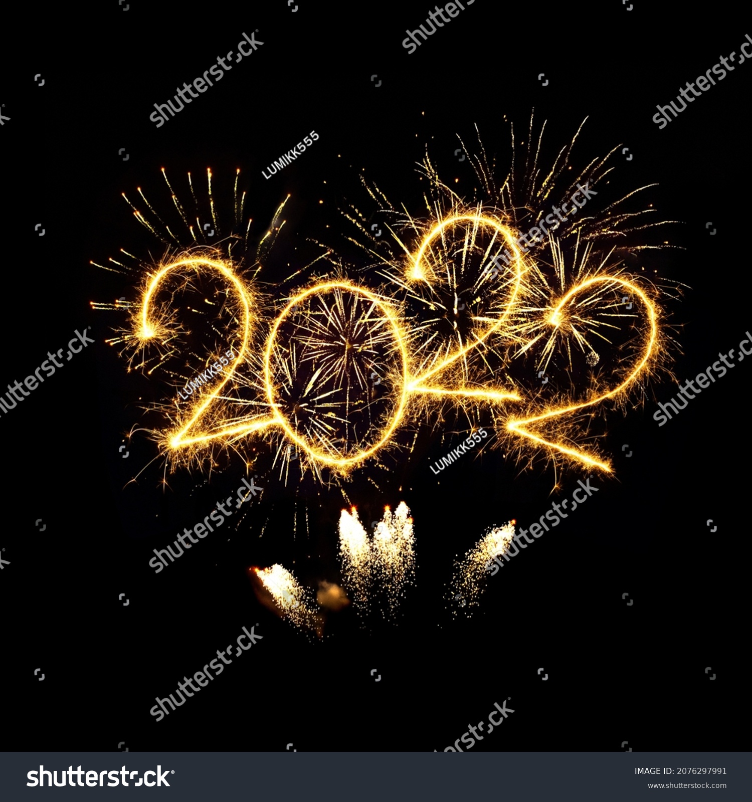 Happy New Year 2022. Sparkling burning numbers Year 2022 with firework isolated on black background. Beautiful overlay design element. Template for holiday greeting card, flyer, billboard and banner #2076297991