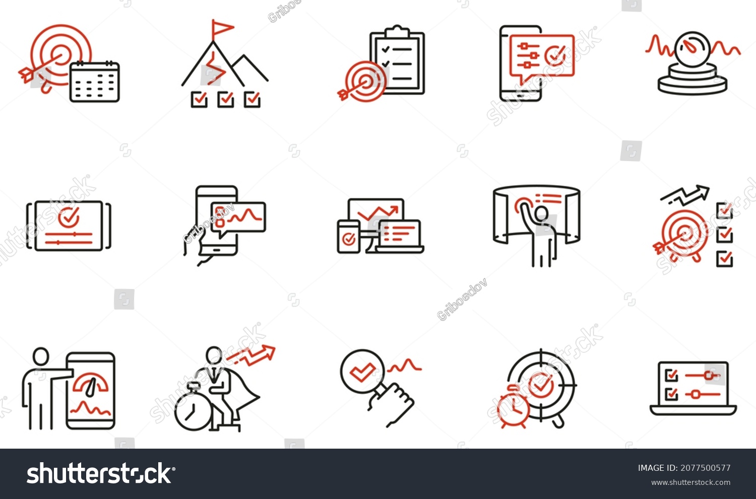 Vector set of linear icons related to productivity time, task management, dashboards of apps, work progress and performance indicators. Mono line pictograms and infographics design elements  #2077500577