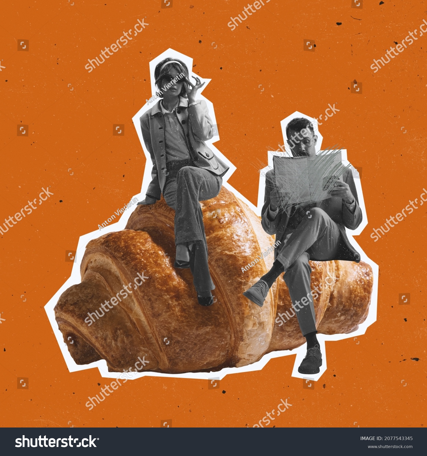Contemporary art collage of man and woman in retro costumes sitting on delicious croissant isolated on orange background. Vintage style. Concept of food, style, artwork, creaitivity. Copy space for ad #2077543345