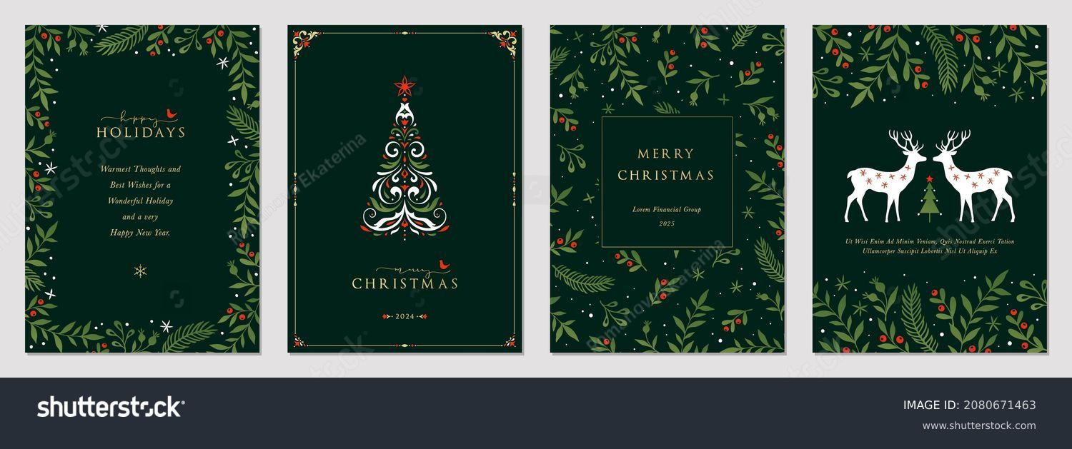 Traditional Corporate Holiday cards with Christmas tree, reindeers, birds, ornate floral frames, background and copy space. Universal artistic templates. #2080671463