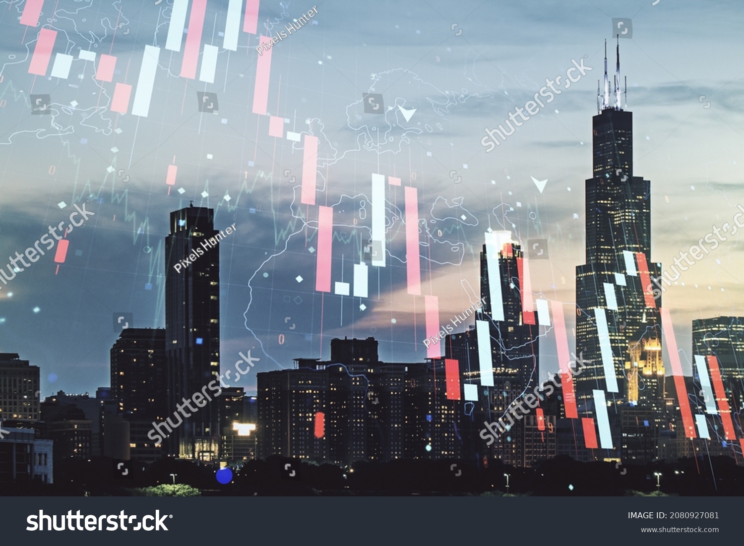 Double exposure of abstract virtual global crisis chart and world map hologram on Chicago city skyscrapers background. Financial crisis and recession concept #2080927081
