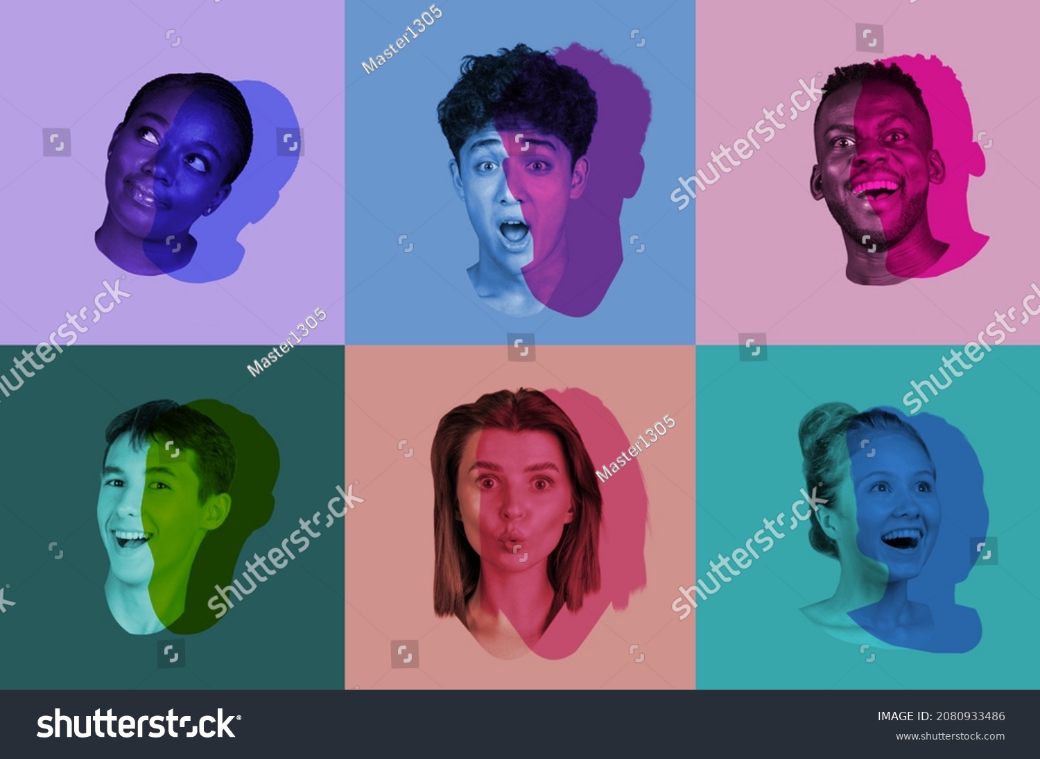 Multi ethnic youth. Set, collage of young male and female faces, heads with colored silhouette, shadow isolated on colored background. Human emotions, split personality, mental problems concept. #2080933486