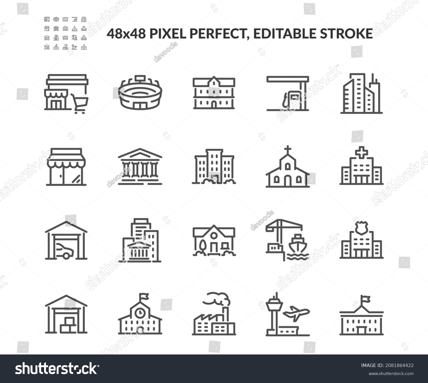Simple Set of Buildings Related Vector Line Icons. 
Contains such Icons as Church, Sport Stadium, Medical Hospital and more. Editable Stroke. 48x48 Pixel Perfect. #2081864422