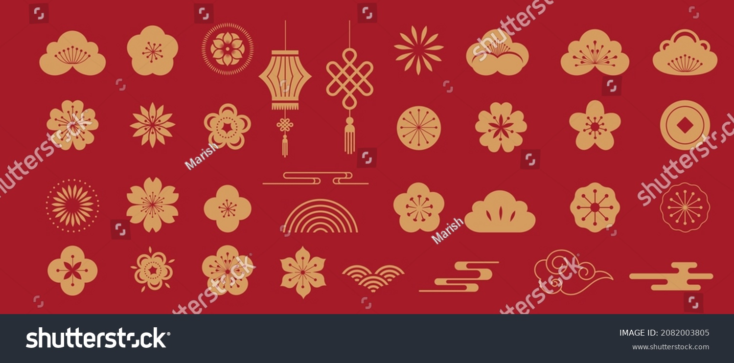 Chinese traditional ornaments, Set of Lunar year decorations, flowers, lanterns, clouds, elements and icons  #2082003805
