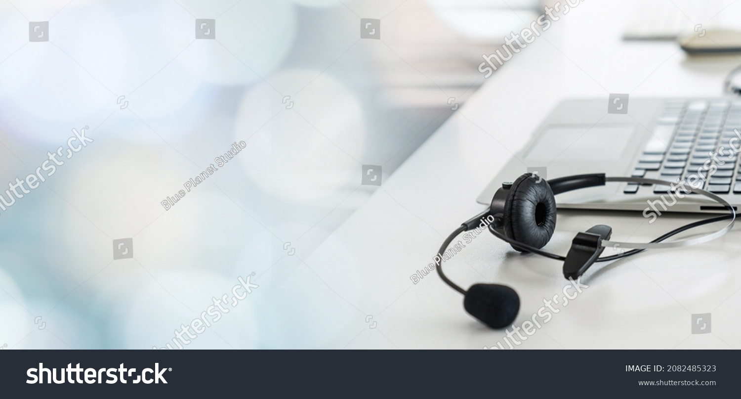 Headset and customer support equipment at call center ready for actively service . Corporate business help desk and telephone assistance concept . #2082485323