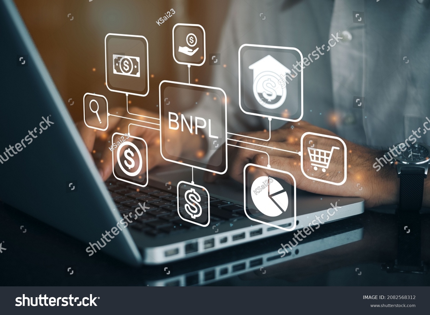 BNPL Buy now pay later online shopping concept. Businessmen using a computer to BNPL with online shopping icons technology. #2082568312