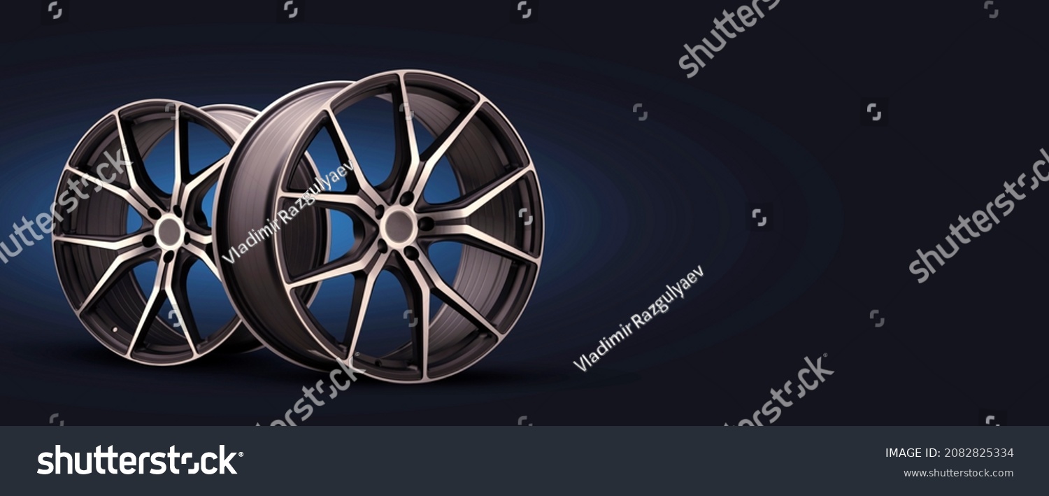 New forged alloy wheels. beautiful sports wheels with forged rim, panorama photo copyspace c with a black bluish background #2082825334