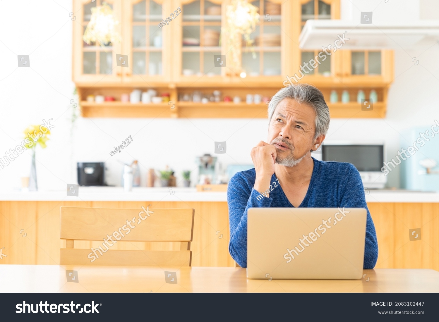 Asian elderly man using laptop, think, #2083102447