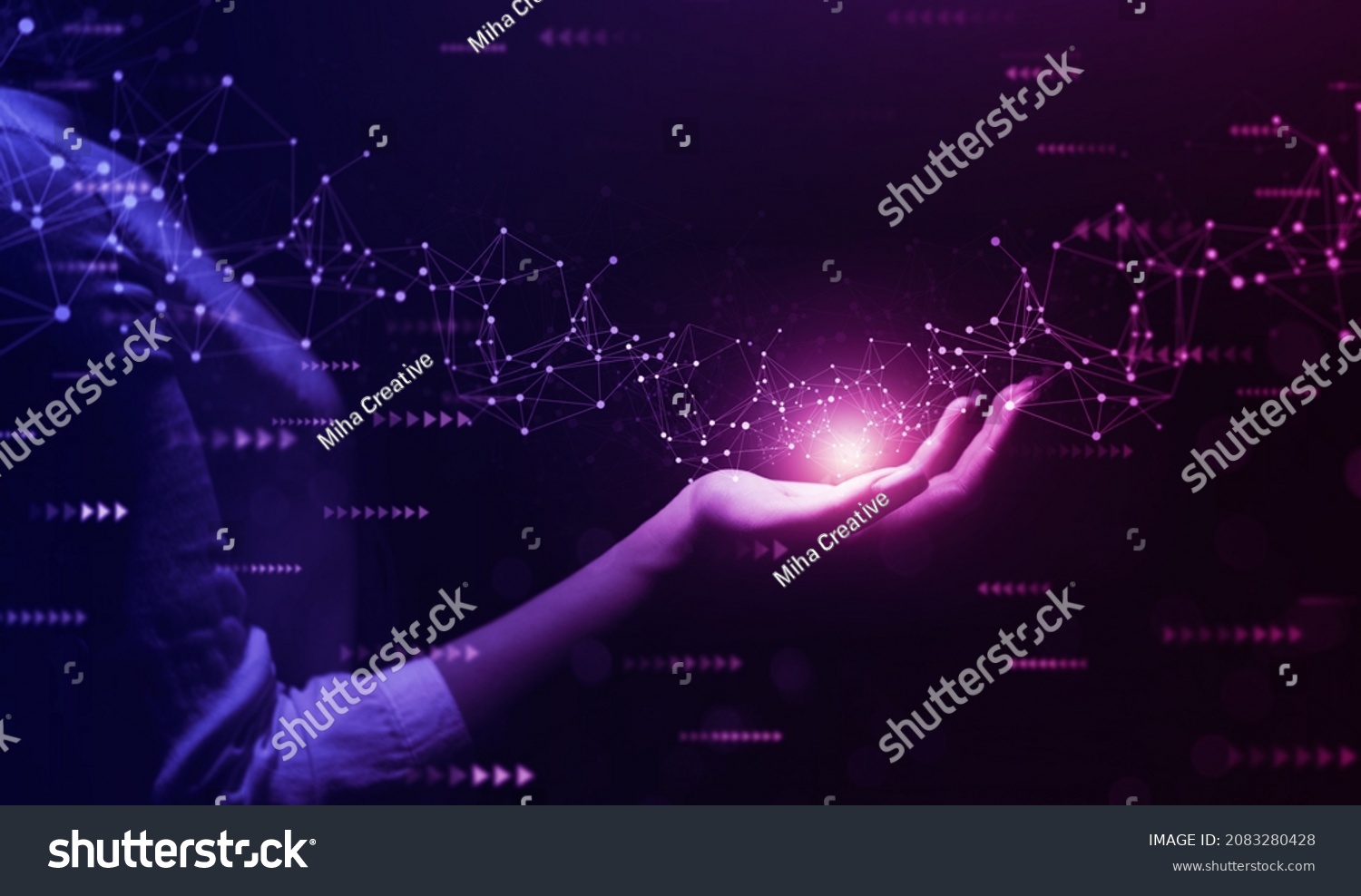Metaverse Virtual Technology.Woman hand holding global network connection. Internet communication, Wireless connection technology. Futuristic technology with polygonal shapes. #2083280428