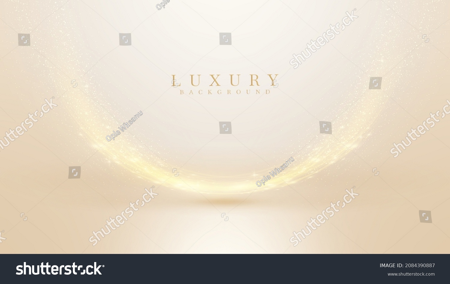 Golden curve light effects on stage background. Sparkling elements. Luxury 3d style. #2084390887