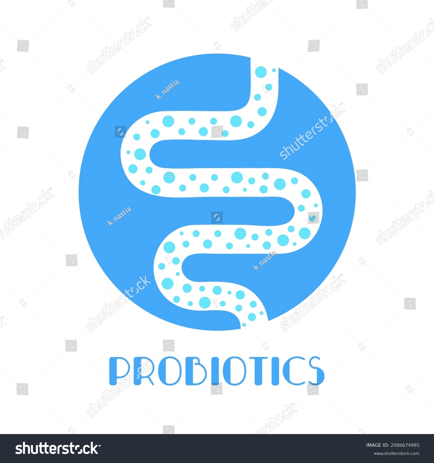Probiotics. Good bacteria and microorganisms for human health. Microscopic probiotics, good bacterial flora. Silhouette with healthy intestine in a light blue color. Vector #2086674985