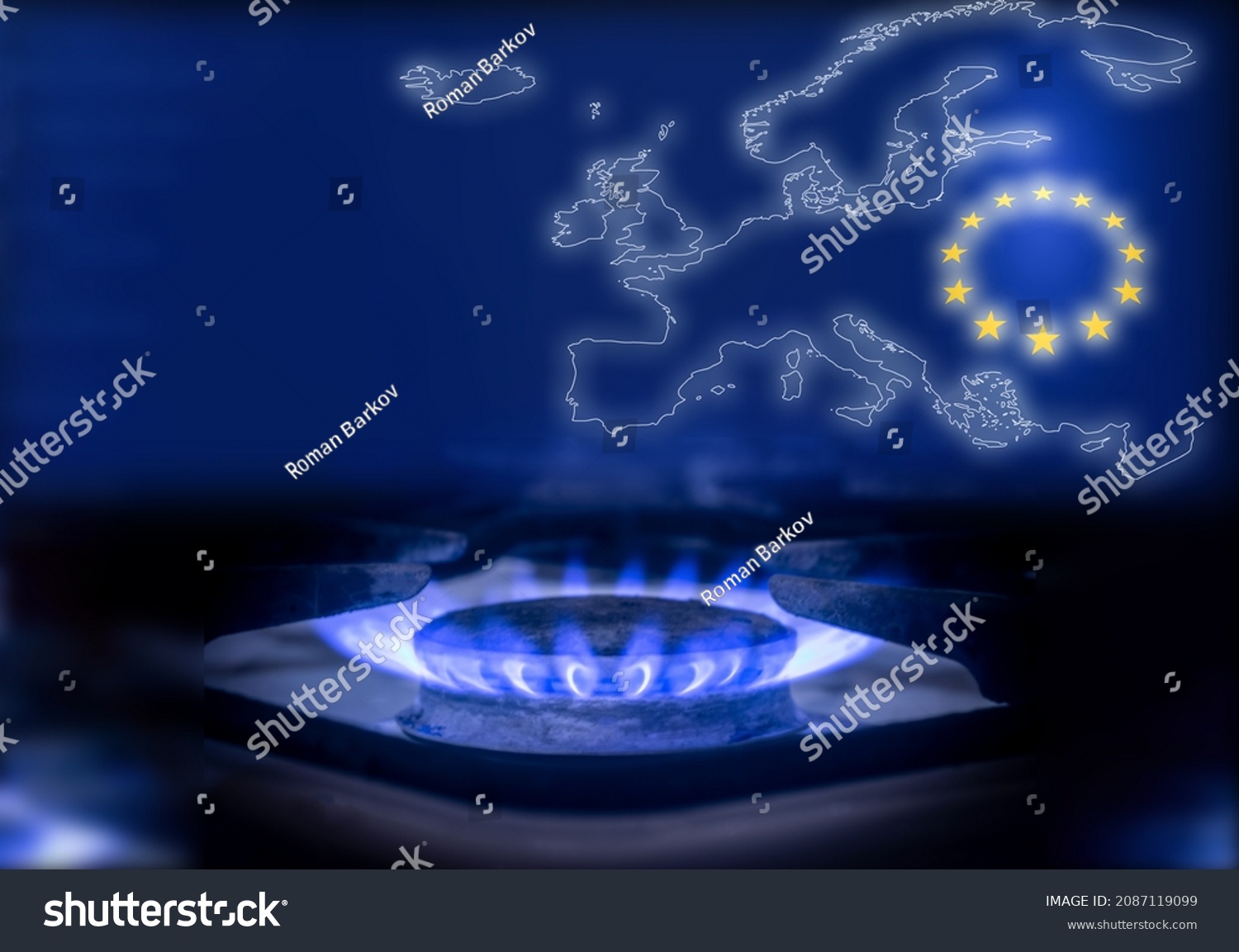 The blue flame of a gas stove in the dark. Gas burner on the background of the map and the flag of the European Union. The concept of gas consumption in Europe #2087119099