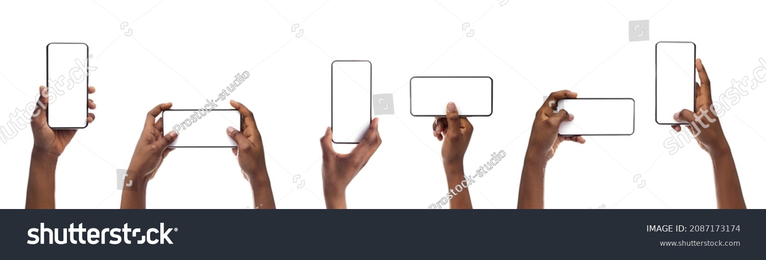 Set of female hands holding smartphone with blank screen in different orientation isolated on white background, panorama, banner. Black lady using cell, browsing internet, presenting free copy space #2087173174