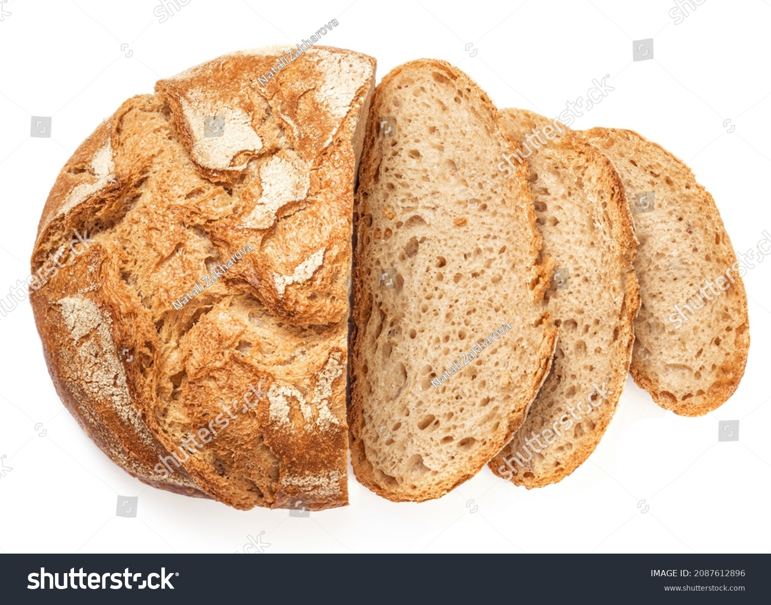 Freshly baked round  Bread isolated on white background.  Sliced, cutted wheat bread. Bakery, rustic  traditional food concept. Top view #2087612896