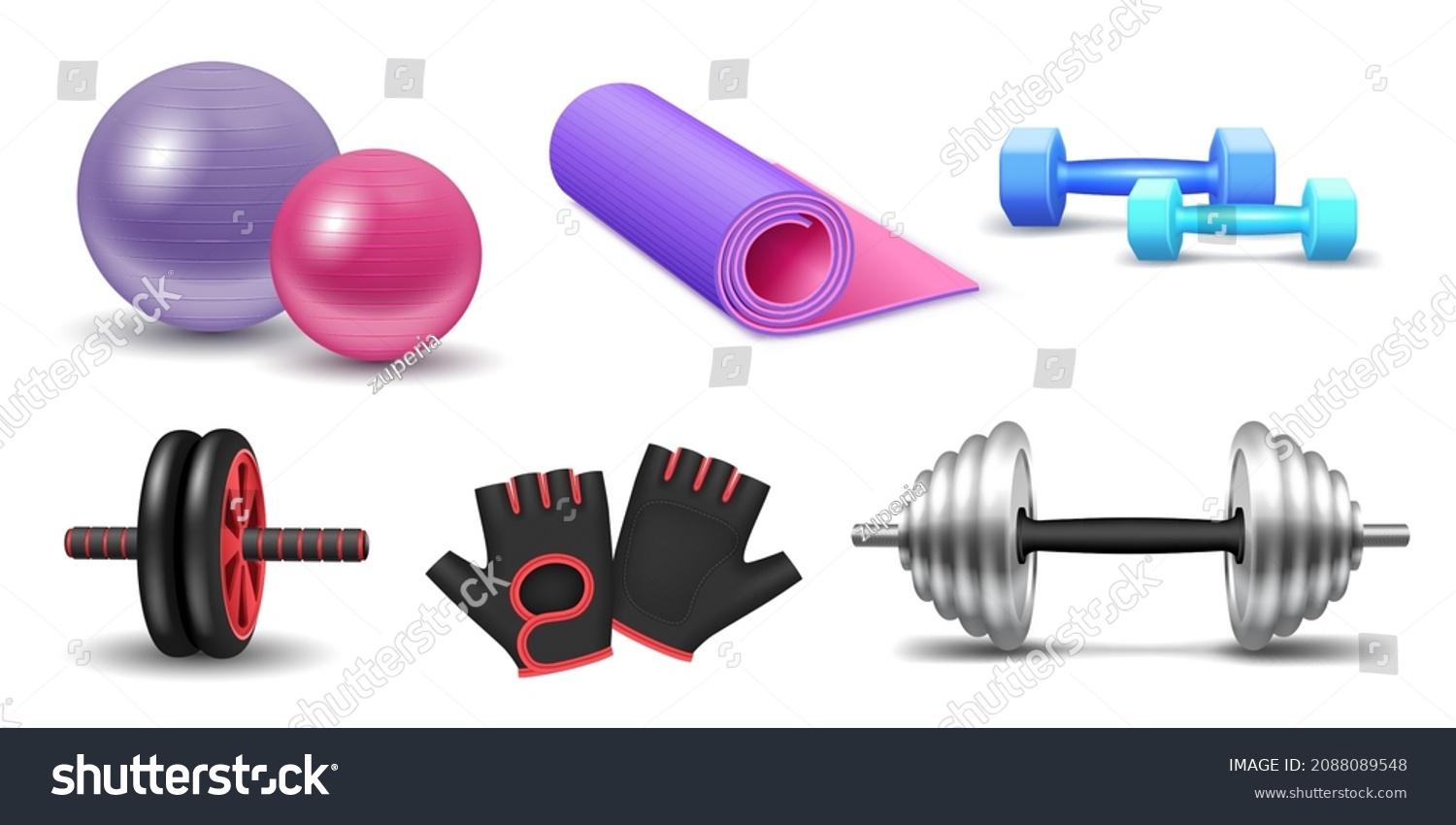 Realistic equipment for fitness and power weight lifting exercises: yoga mat, fit ball, barbell and dumbbell for workout isolated on white background. 3d vector illustration #2088089548