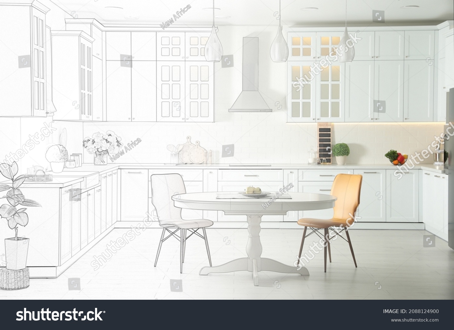 Stylish kitchen interior with modern furniture. Combination of photo and sketch #2088124900
