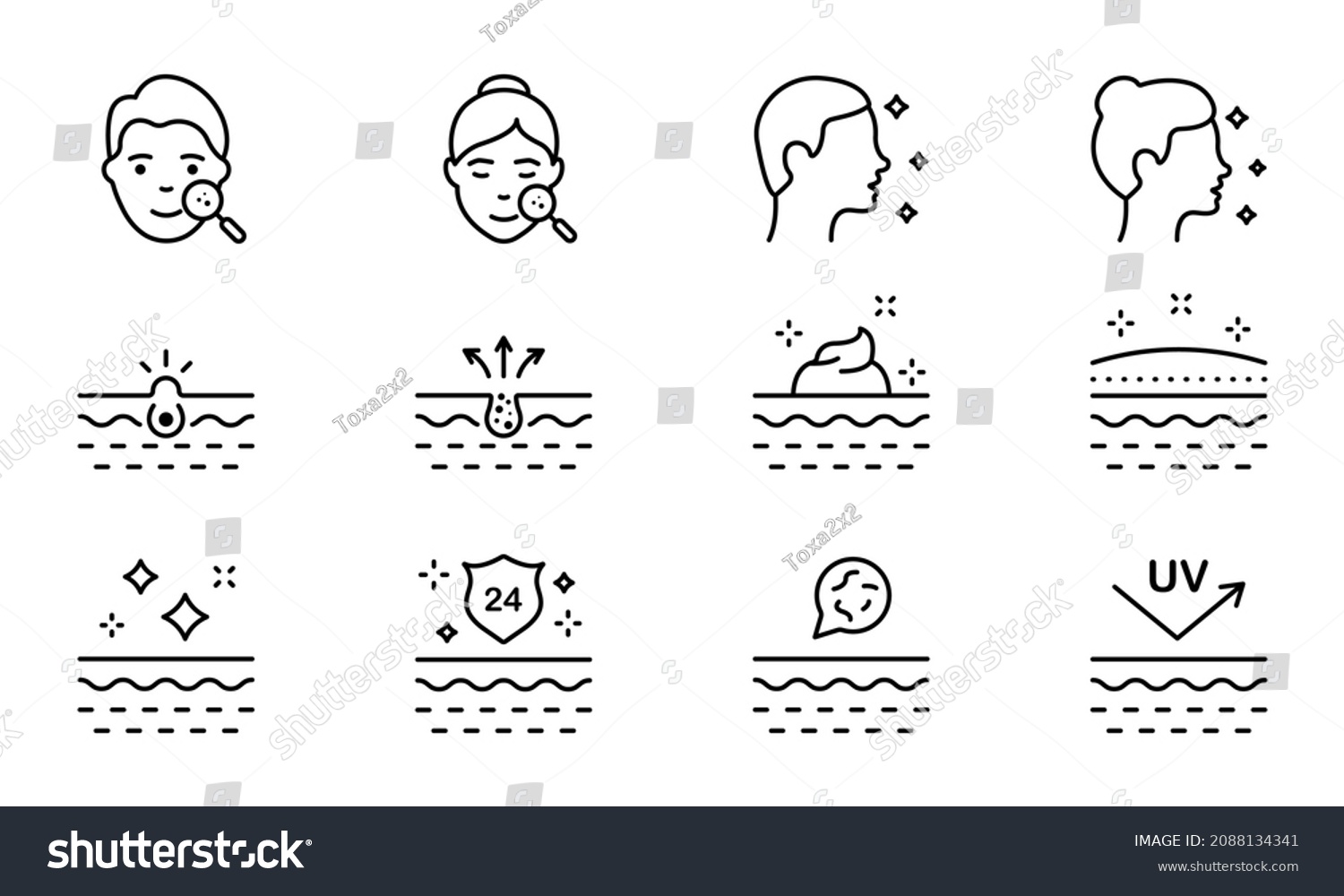Face Skin Care Set Line Icon. Pimple, Blackhead, Microbes on Skin, Protect of UV, Cream Linear Pictogram. Man and Woman Beauty Skincare Outline Icon. Editable Stroke. Isolated Vector Illustration. #2088134341