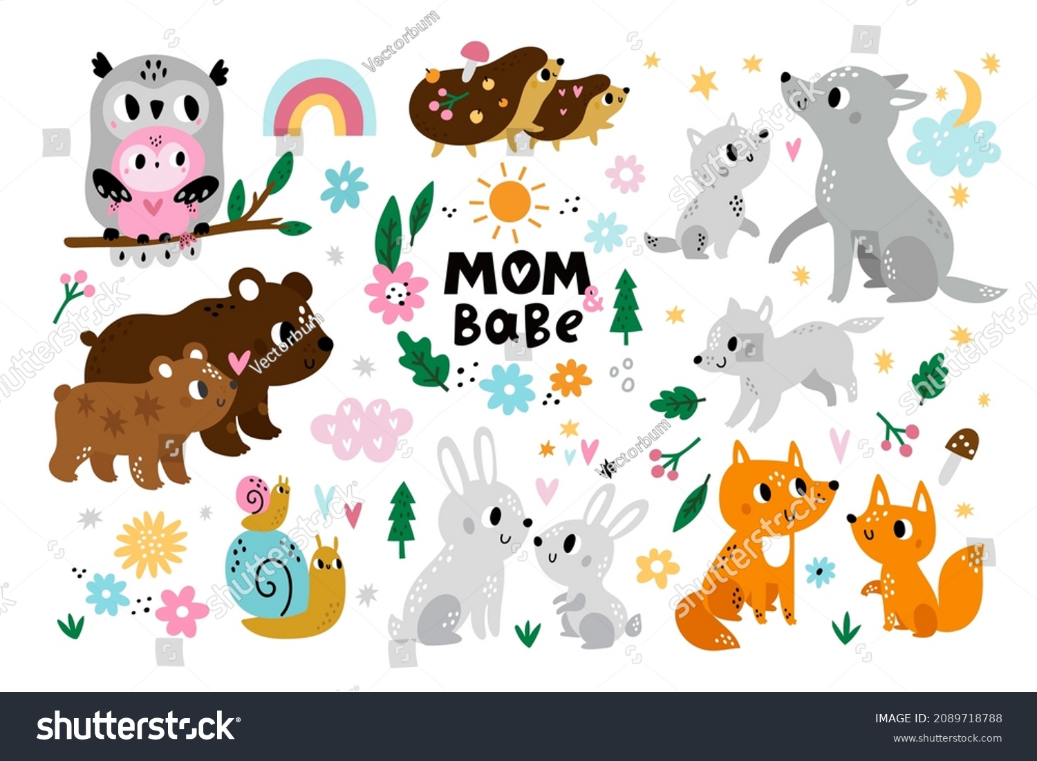 Cute parent and baby animals. Loving moms and cubs, forest animals and birds, hugging characters, wildlife mothers and kids, wild fauna families fox and bear, hedgehogs #2089718788