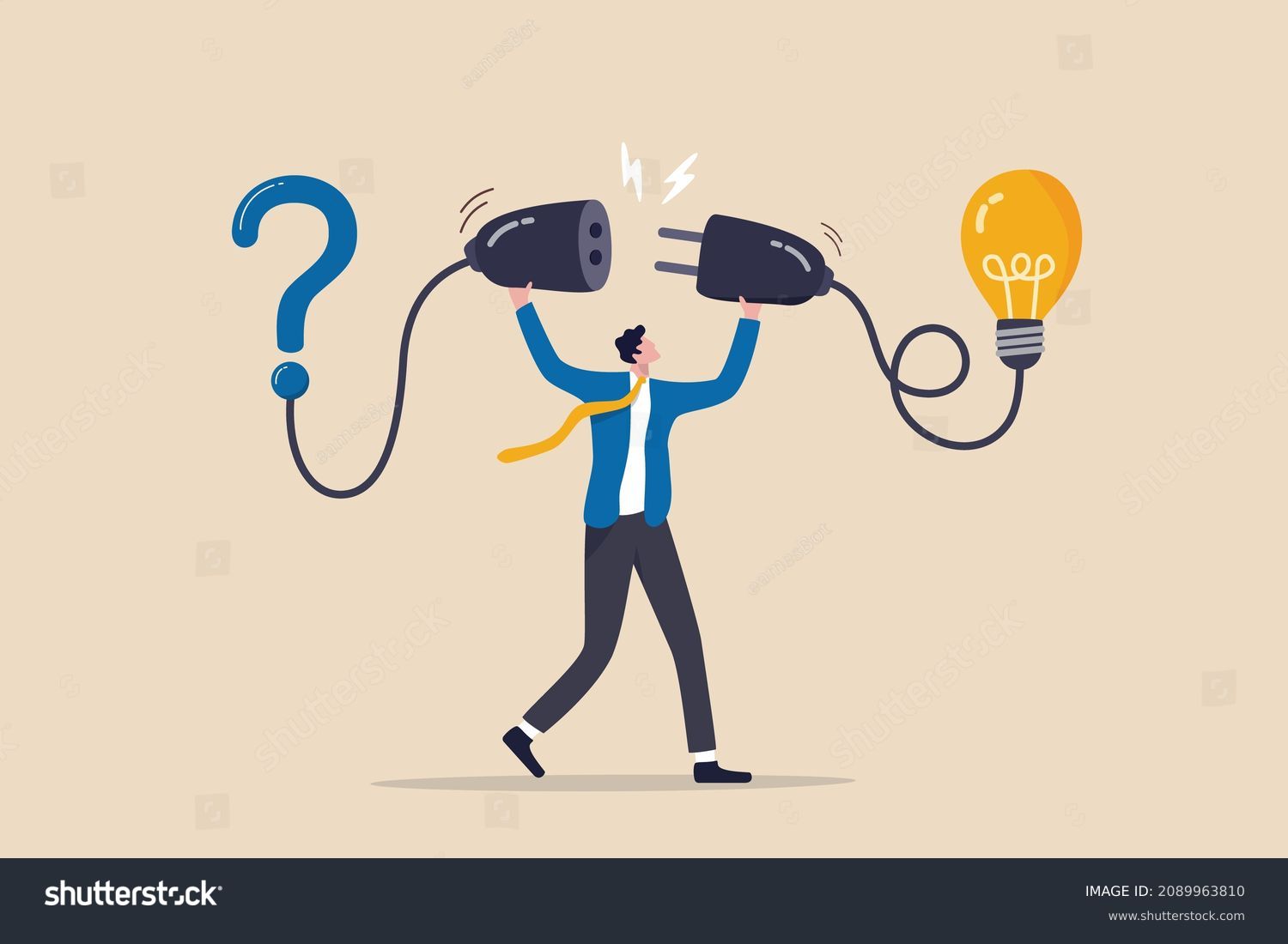 Solution solving problem, answer to hard question or creativity idea and innovation help business success, leadership to overcome difficulty, businessman connect question mark with lightbulb solution. #2089963810