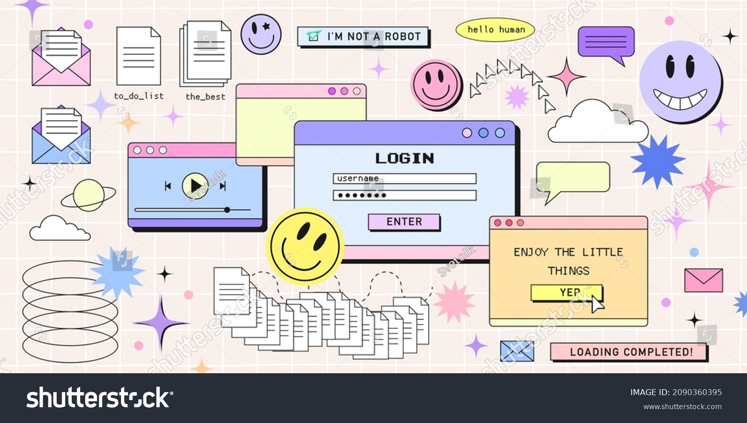 Retro browser computer window in 90s vaporwave style with smile face hipster stickers. Retrowave pc desktop with message boxes and popup user interface elements, Vector illustration of UI and UX. #2090360395