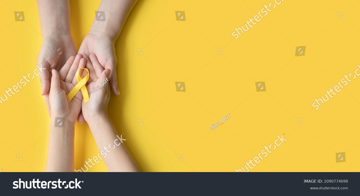 International Childhood Cancer Day. Mom and baby holding yellow ribbon. Sarcoma Awareness, bladder cancer, childhood cancer awareness. Concept I Am and I Will. copy space #2090774698