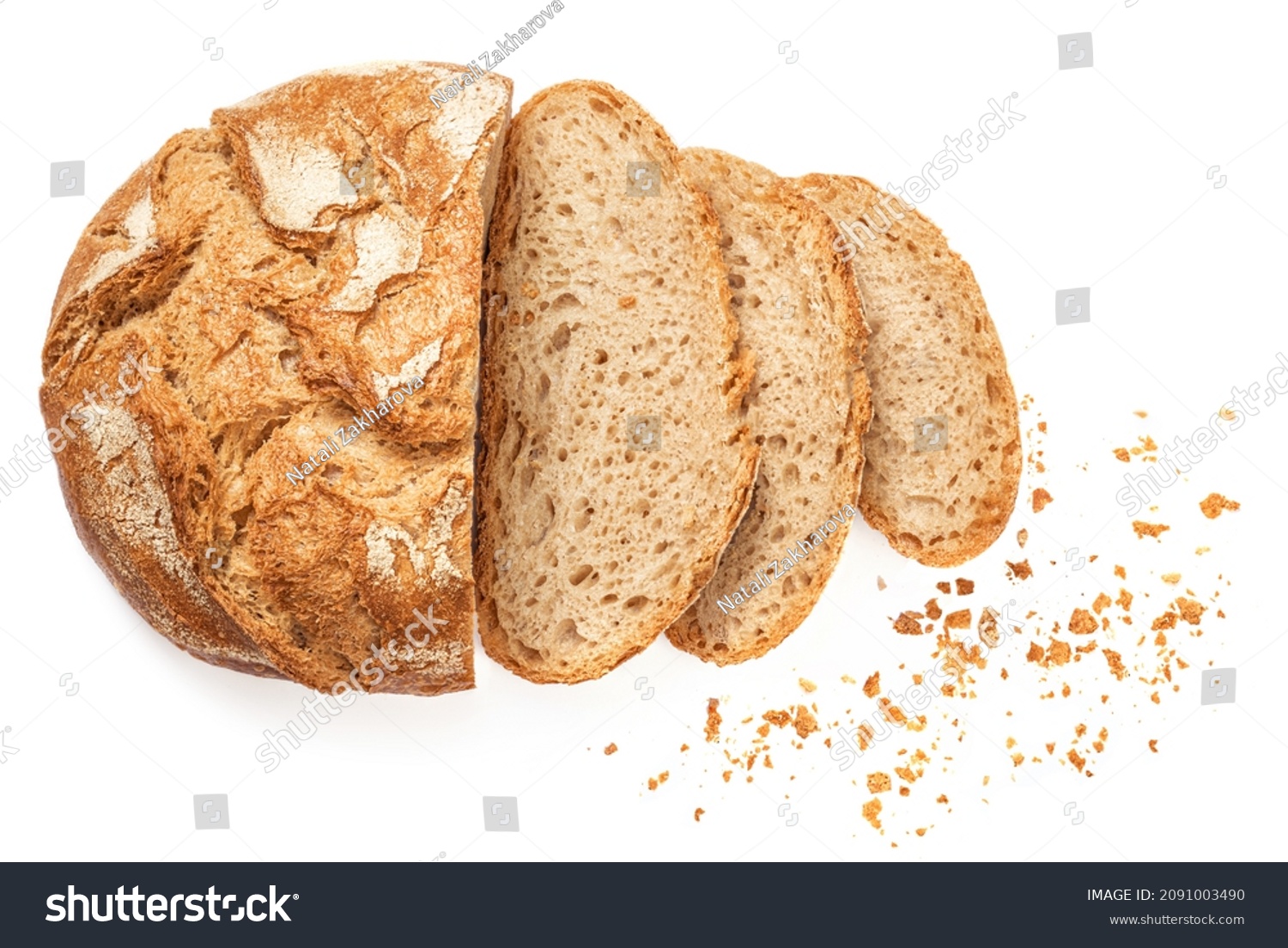 Wholegrain Organic  Bread with crumbs  isolated on white background.  Sliced, cutted wheat bread. #2091003490