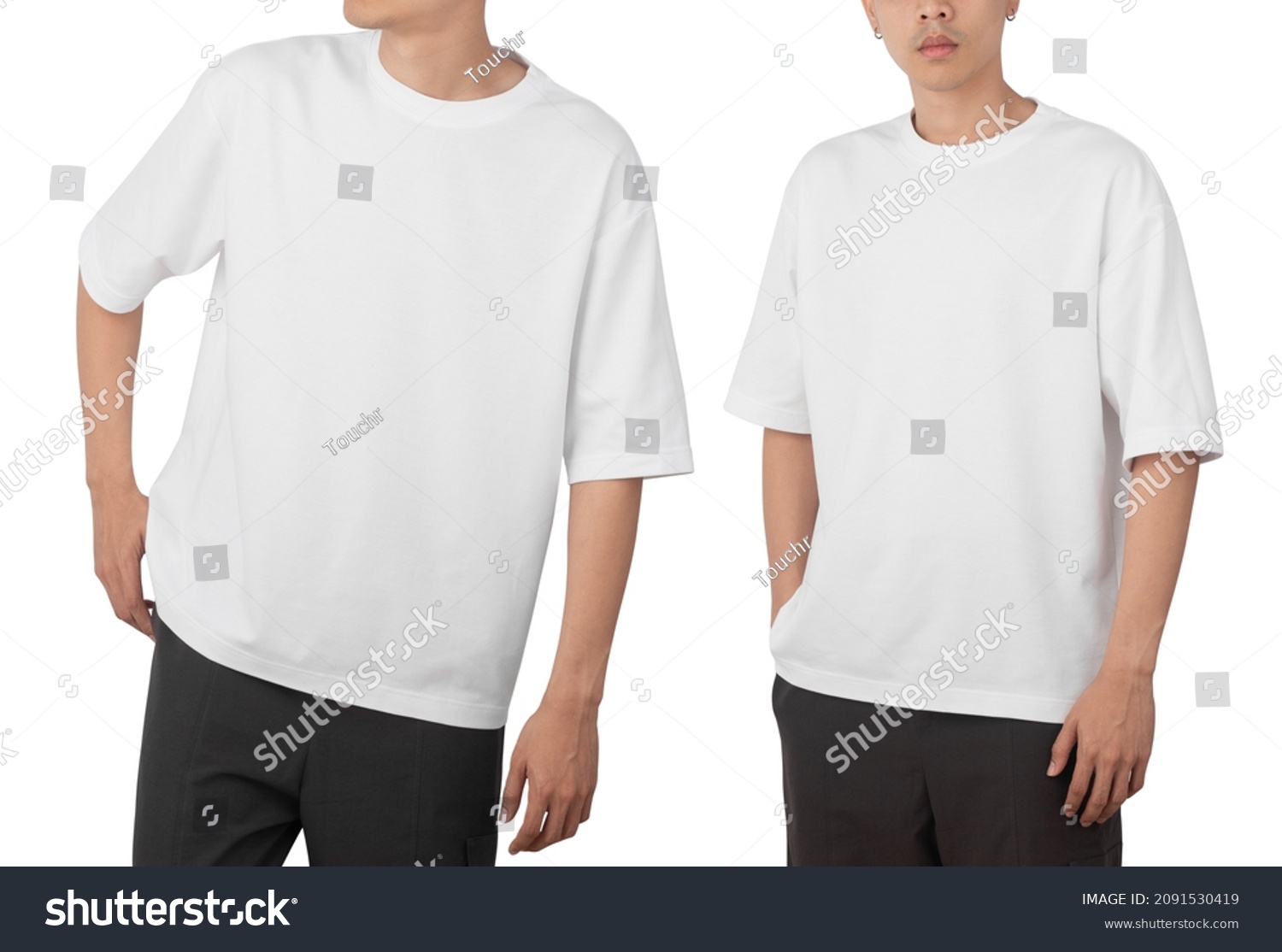 Young man in blank oversize t-shirt mockup front and back used as design template, isolated on white background with clipping path. #2091530419