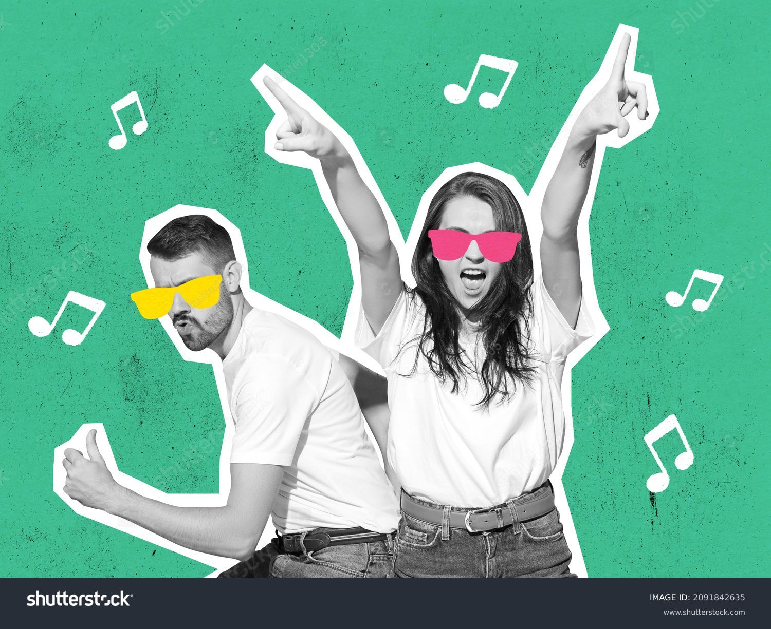 Wow emotions and music. Stylish couple dancing on bright background. Modern design, contemporary art collage. Inspiration, idea, trendy urban magazine style. Negative space to for ad. #2091842635