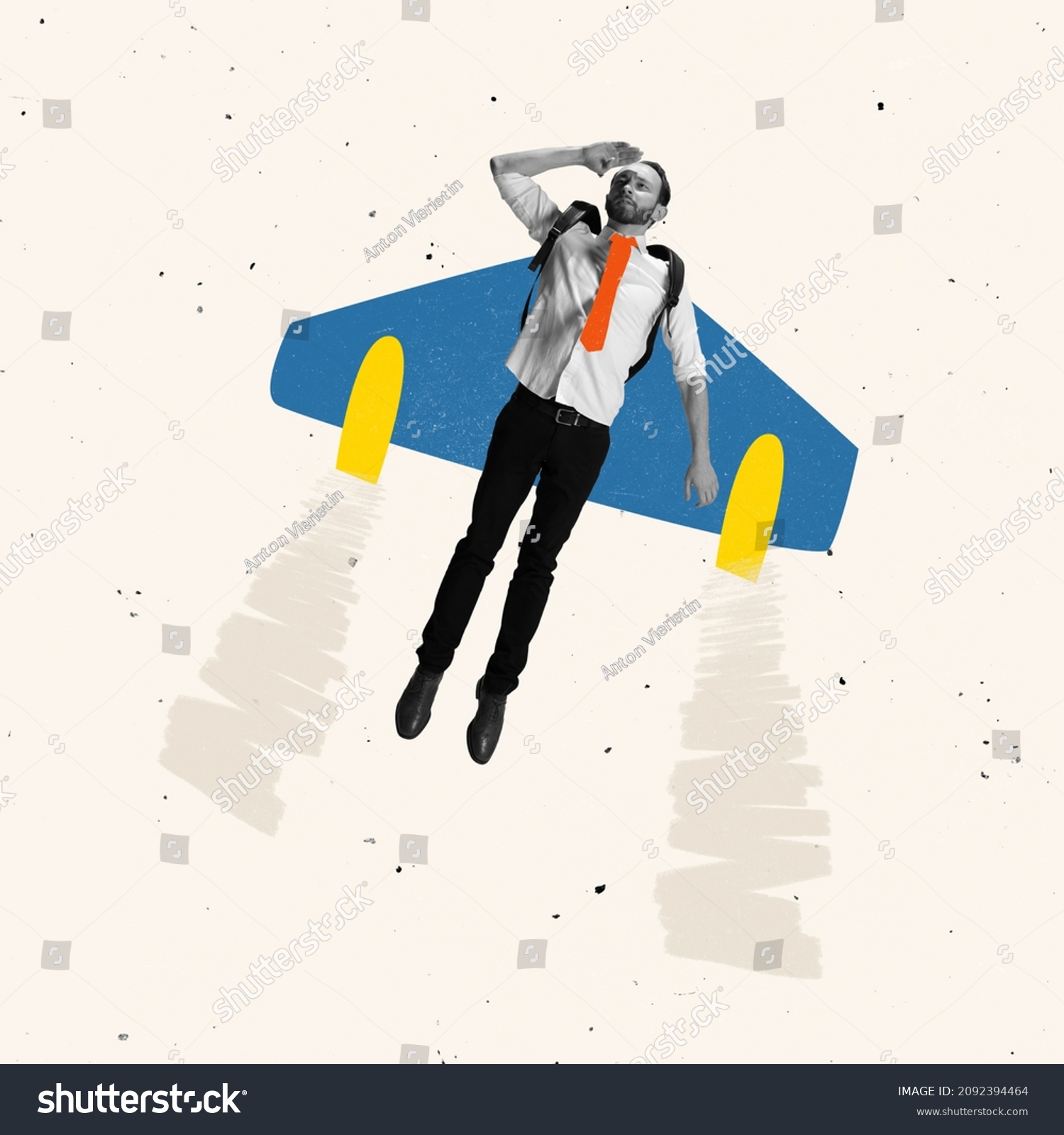 Contemporary art collage of man flying up on a plane symbolizing professional and personal growth. Concept of motivation, achievement, goals, career, employment. Copy space for ad #2092394464