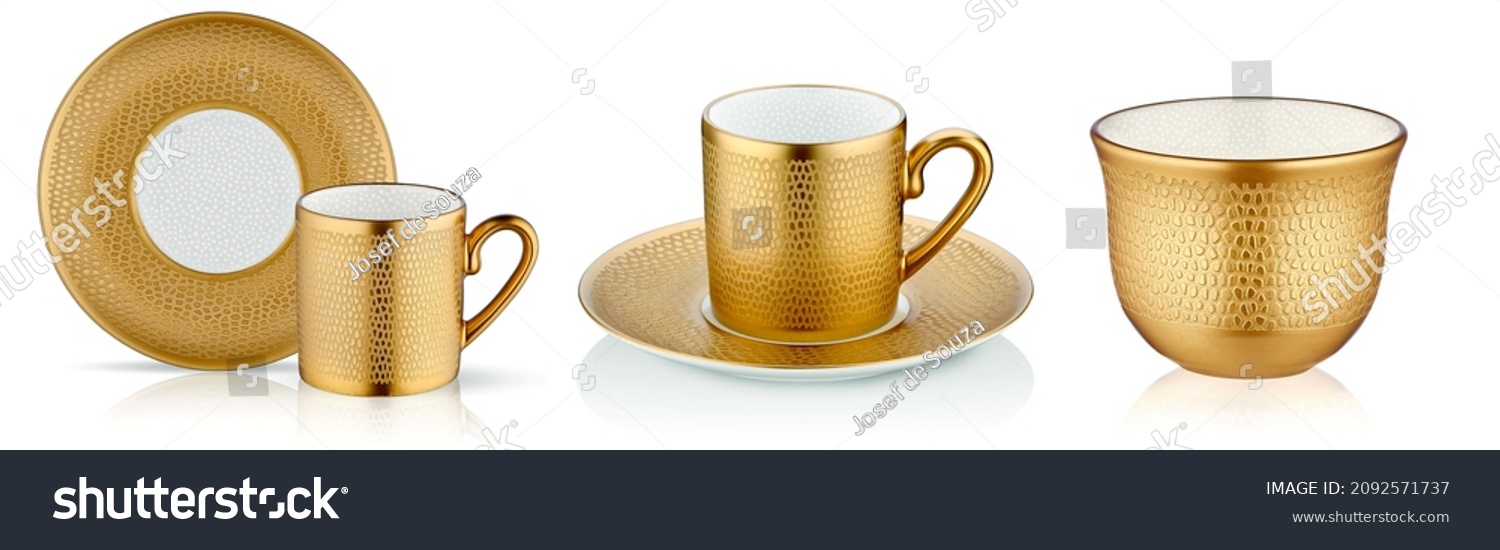 Golden Teapot set, Teacup set on white background, Golden Teapot set, Golden teacup set #2092571737