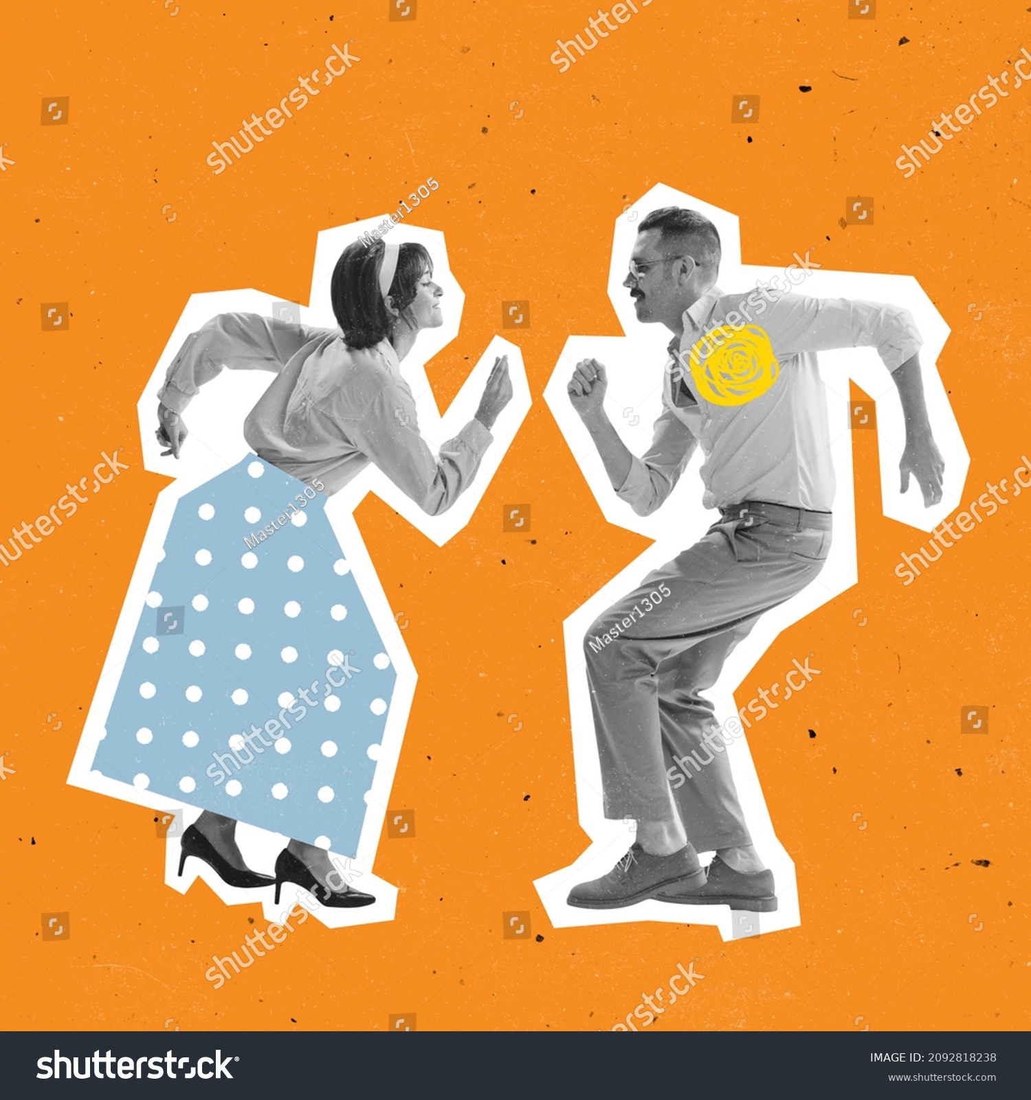 Retro dance. Couple of dnacer dressed in 70s, 80s fashion style dancing rock-and-roll on orange background with drawings. Contemporary art collage. Minimalism. Art, fashion and music. Magazine style #2092818238