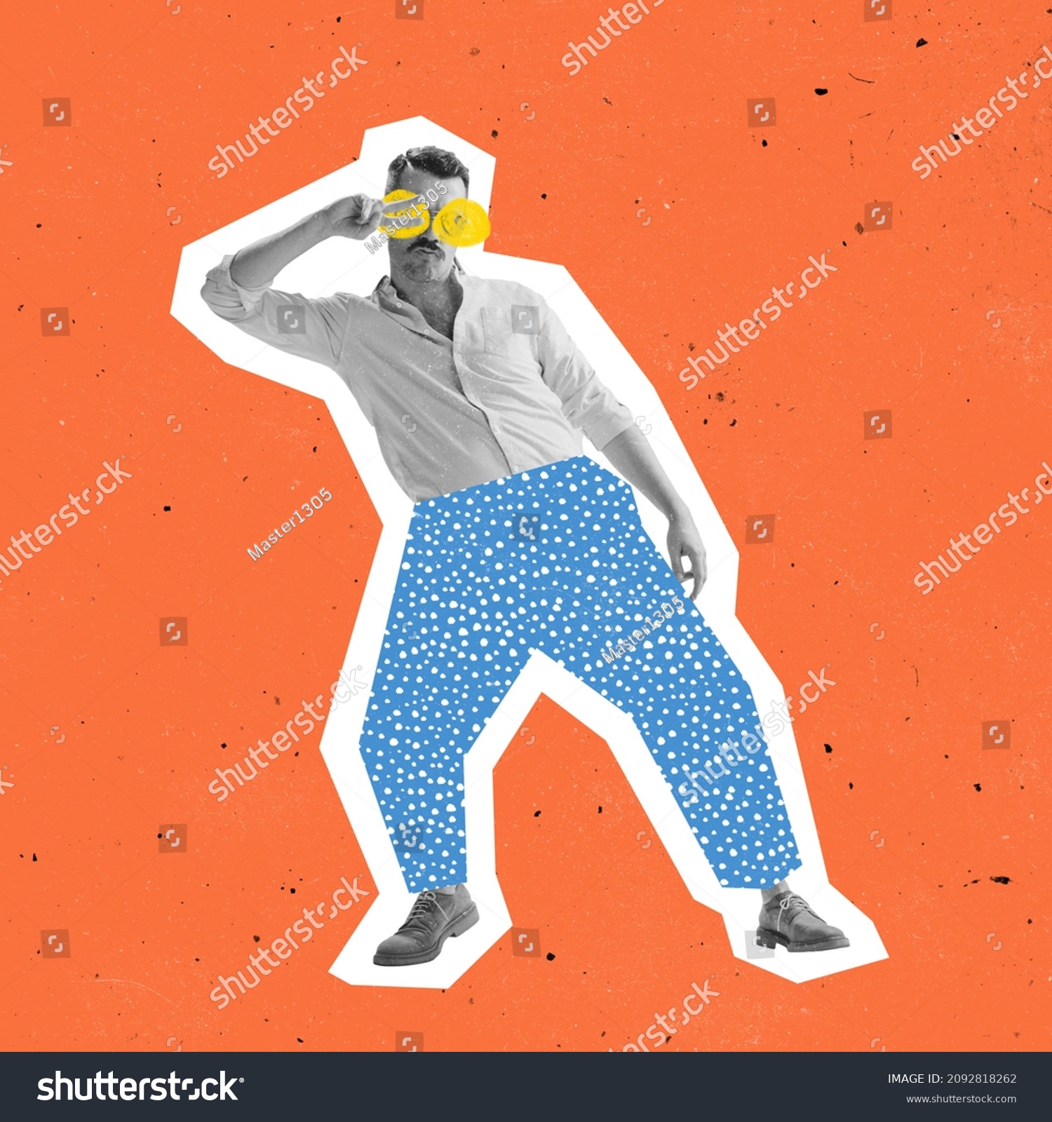Funny dude. Young man, hipster dressed in 70s, 80s fashion style dancing rock-and-roll on bright background with drawings. Contemporary art collage. Minimalism. Art, fashion and music. Magazine style #2092818262
