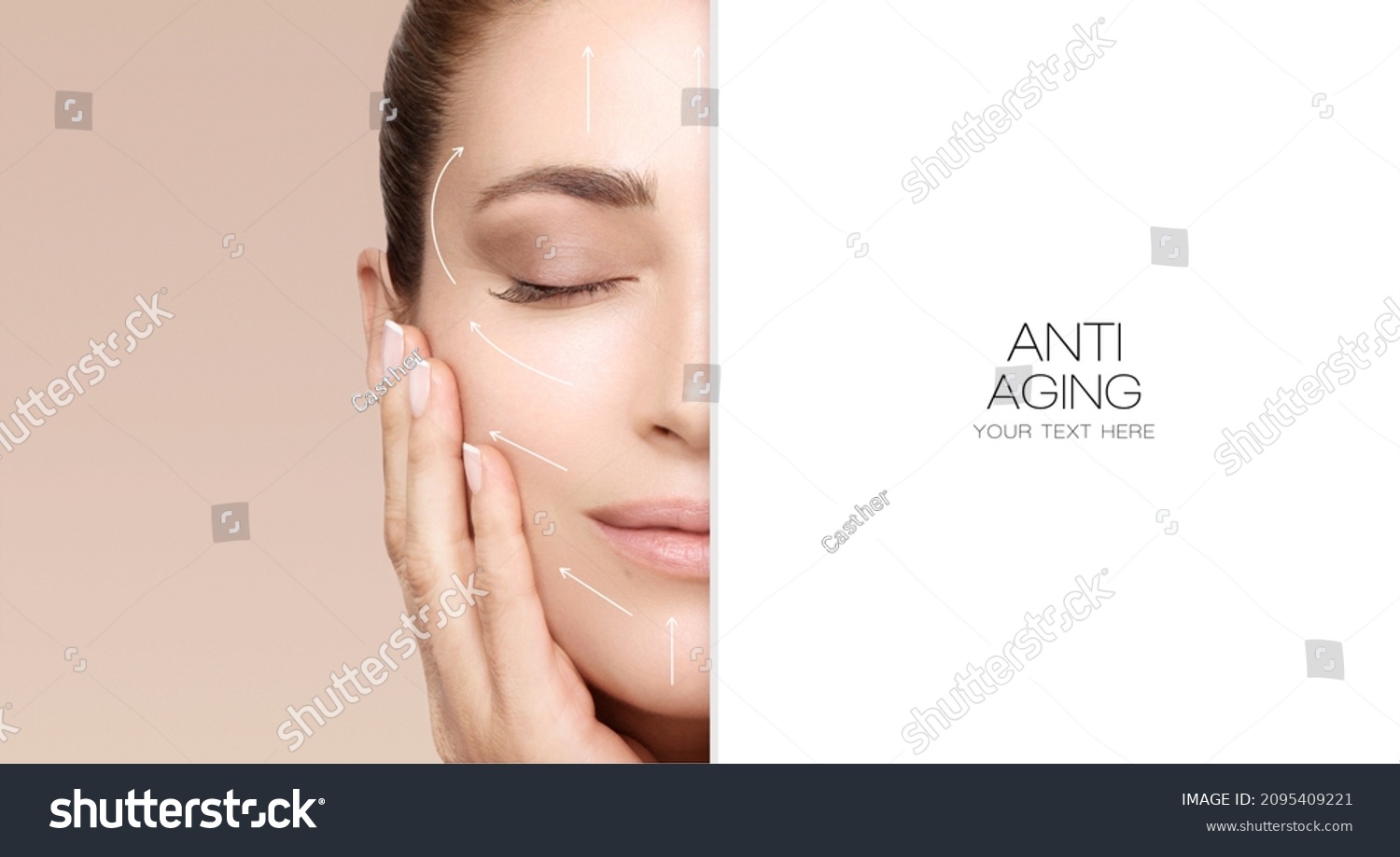 Facelift and Anti Aging Concept. Beauty Face Spa Woman with Lifting Arrows. Half face cropped with white copy space to the side. Beauty portrait isolated on beige background. #2095409221