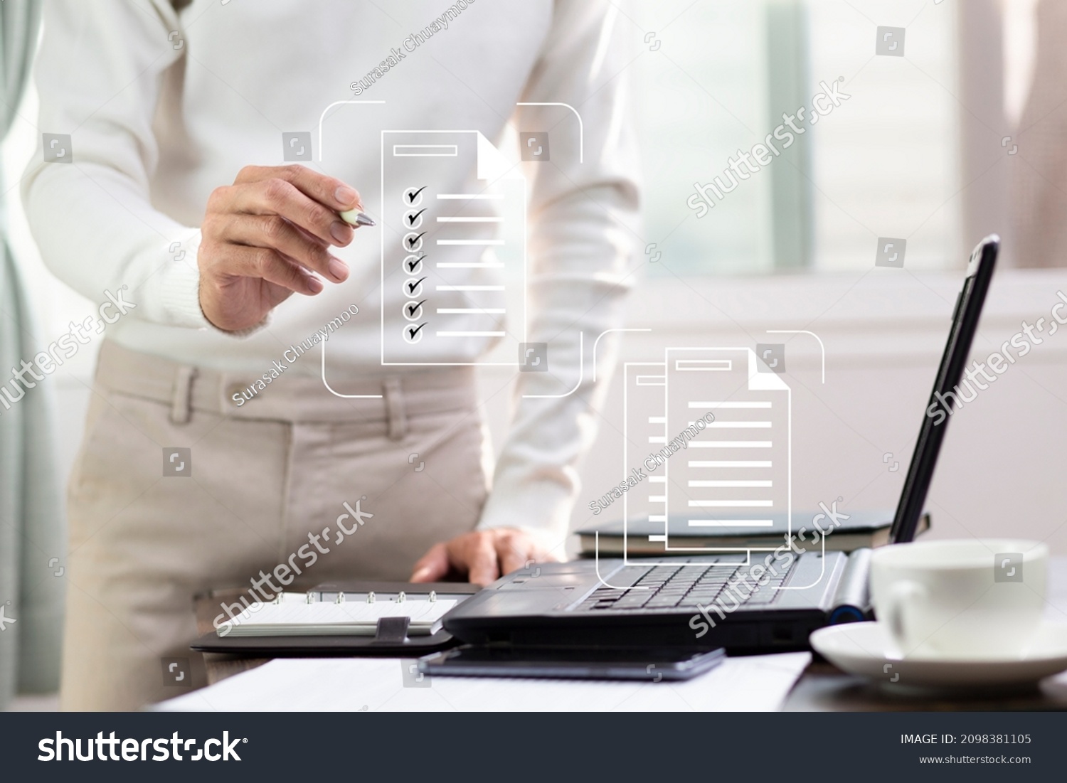 Hand of people check list on document icon to management data record system, Document management system concept #2098381105