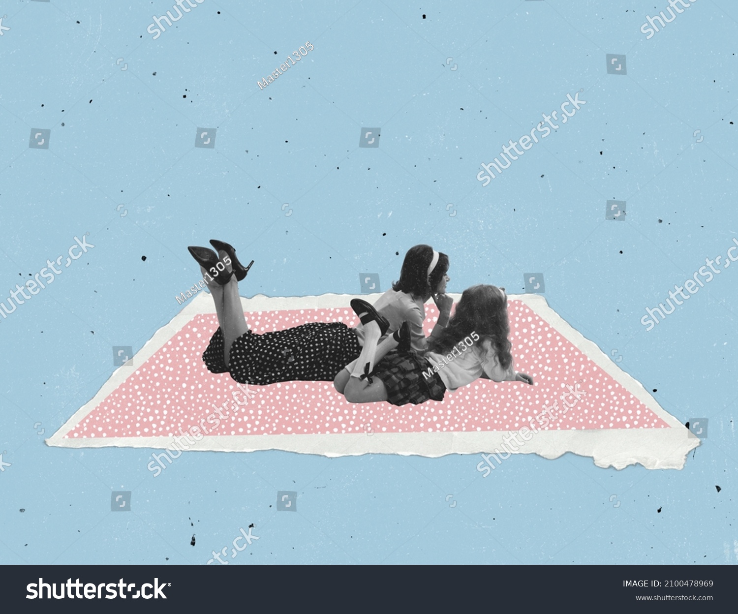 Contemporary art collage. Young woman and little girl lying on pink paper carpet isolated on blue background. Concept of vintage and retro design, creativity, imagination, inspiration, artwork and ad #2100478969