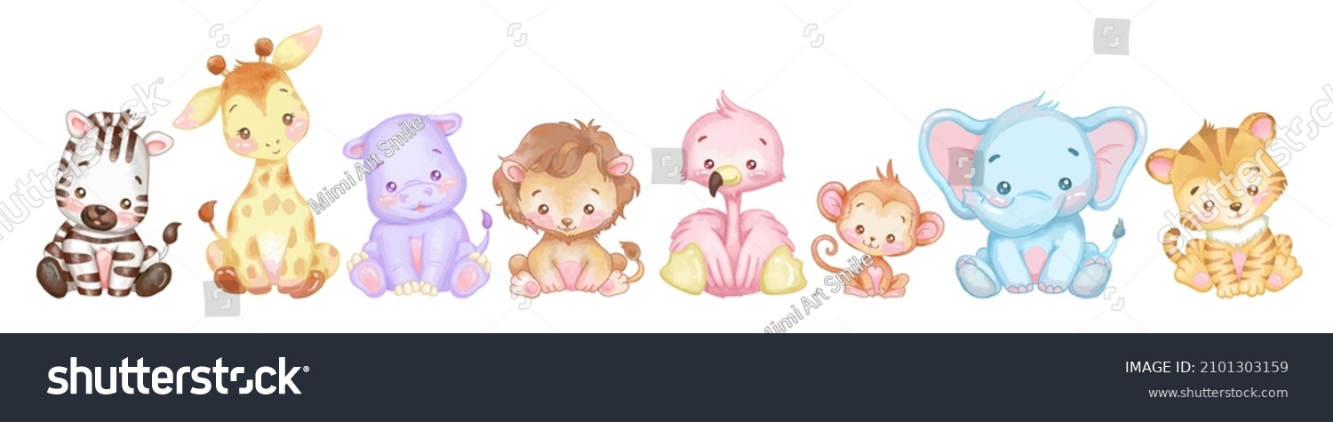 cute baby animals set. zebra, giraffe, hippo, lion, flamingo, monkey, elephant and tiger. #2101303159