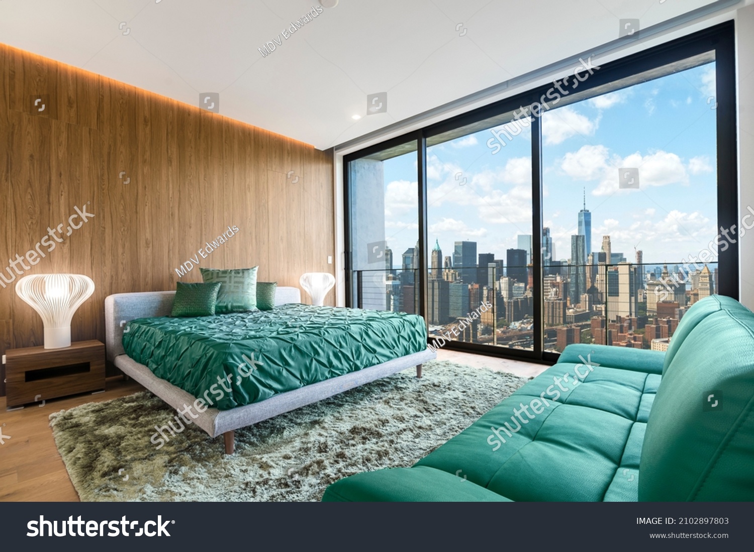 Modern and contemporary bedroom in Brooklyn, New York with views of upper Manhattan. Condo or Hotel accommodation. Sage Green and maple colors. #2102897803