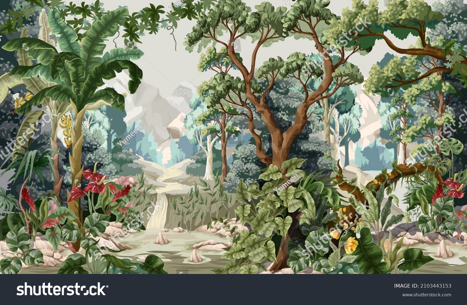 Jungle wallpaper with trees and tropical plant. Vector. #2103443153